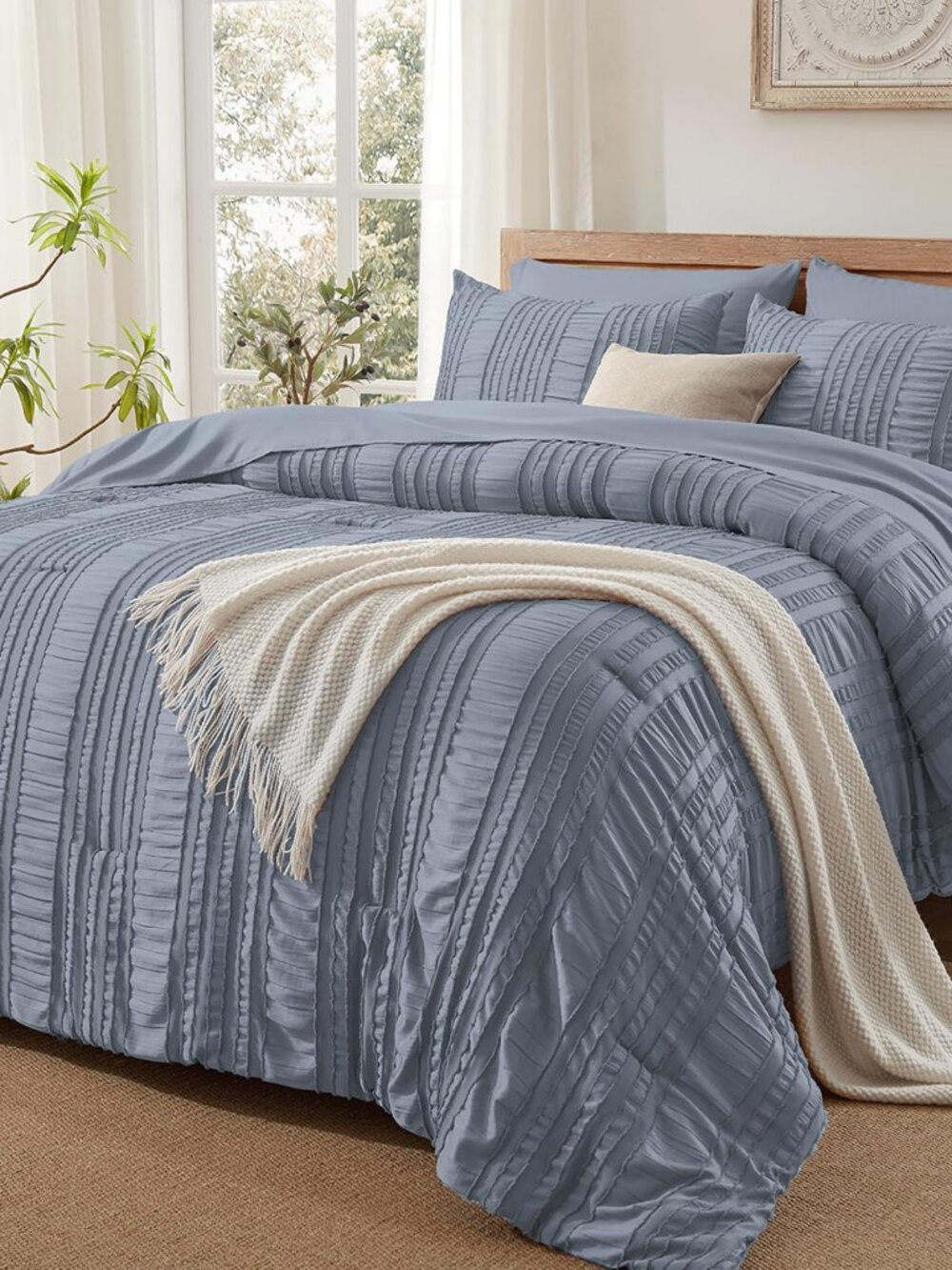 DHSFKBE Blue Tufted Comforter Set Queen Size 7 Piece Bed in a Bag Microfiber